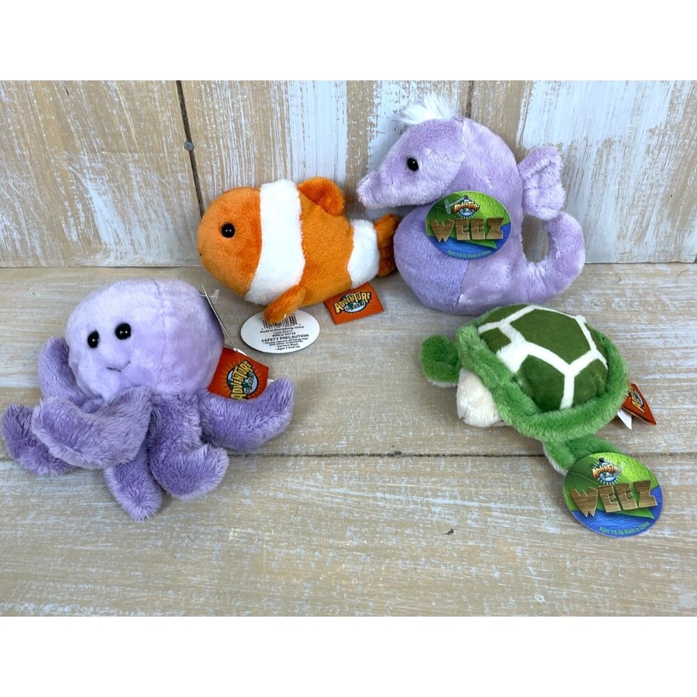 Lot of 4 WEEZ Adventure Planet Plush Clown Fish Seahorse Octopus Turtle NWT